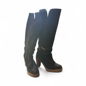 Ras Black Over the Knee Boots with Brown Sole
